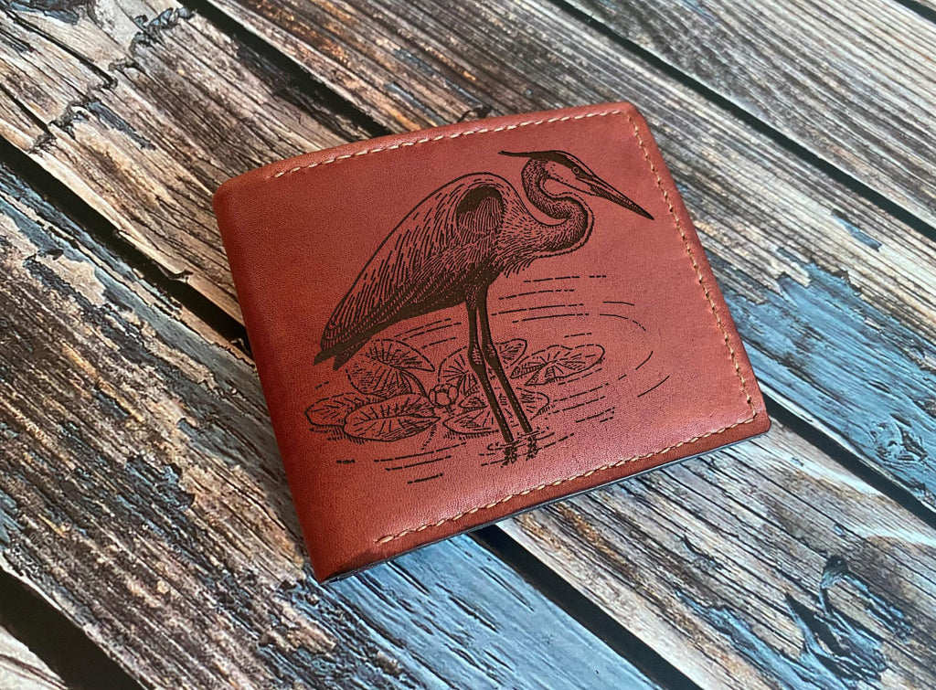Heron Leather Wallet: Custom Engraved Bird Art Gift