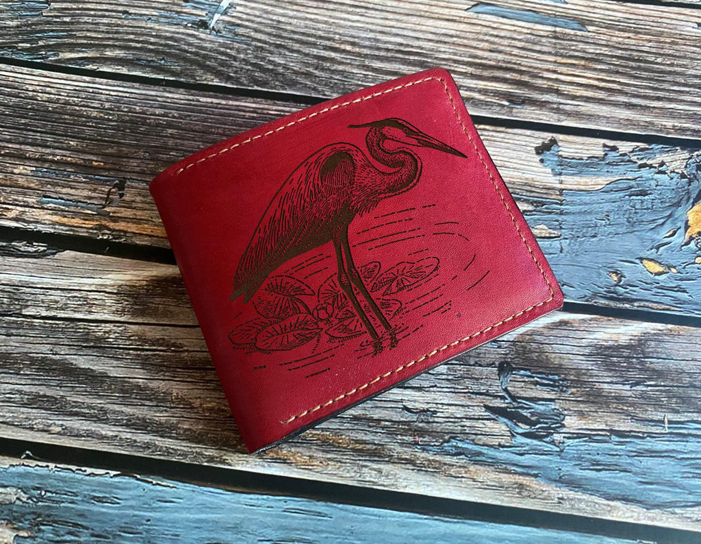 Heron Leather Wallet: Custom Engraved Bird Art Gift