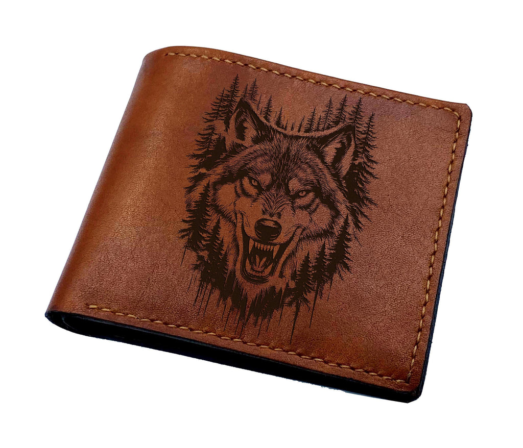 Engraved Wolf Leather Wallet, Personalized Gift for Men