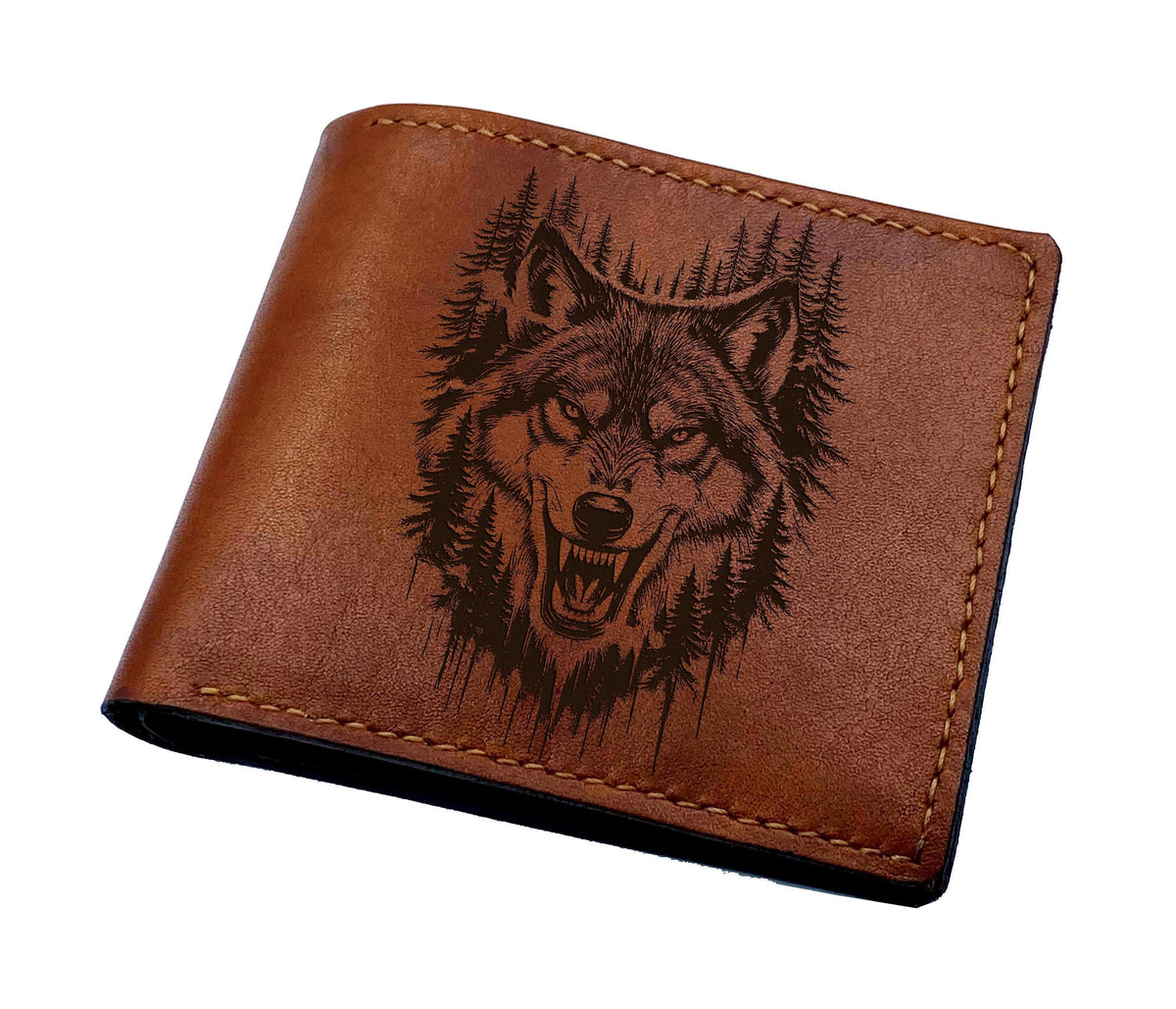 Engraved Wolf Leather Wallet, Personalized Gift for Men