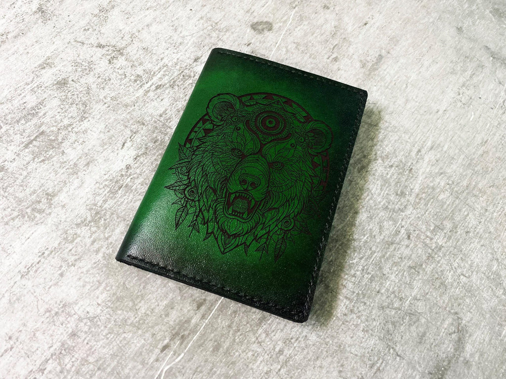 Handmade Celtic Bear Leather Passport Wallet - Custom Engraved