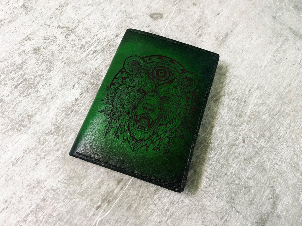 Handmade Celtic Bear Leather Passport Wallet - Custom Engraved