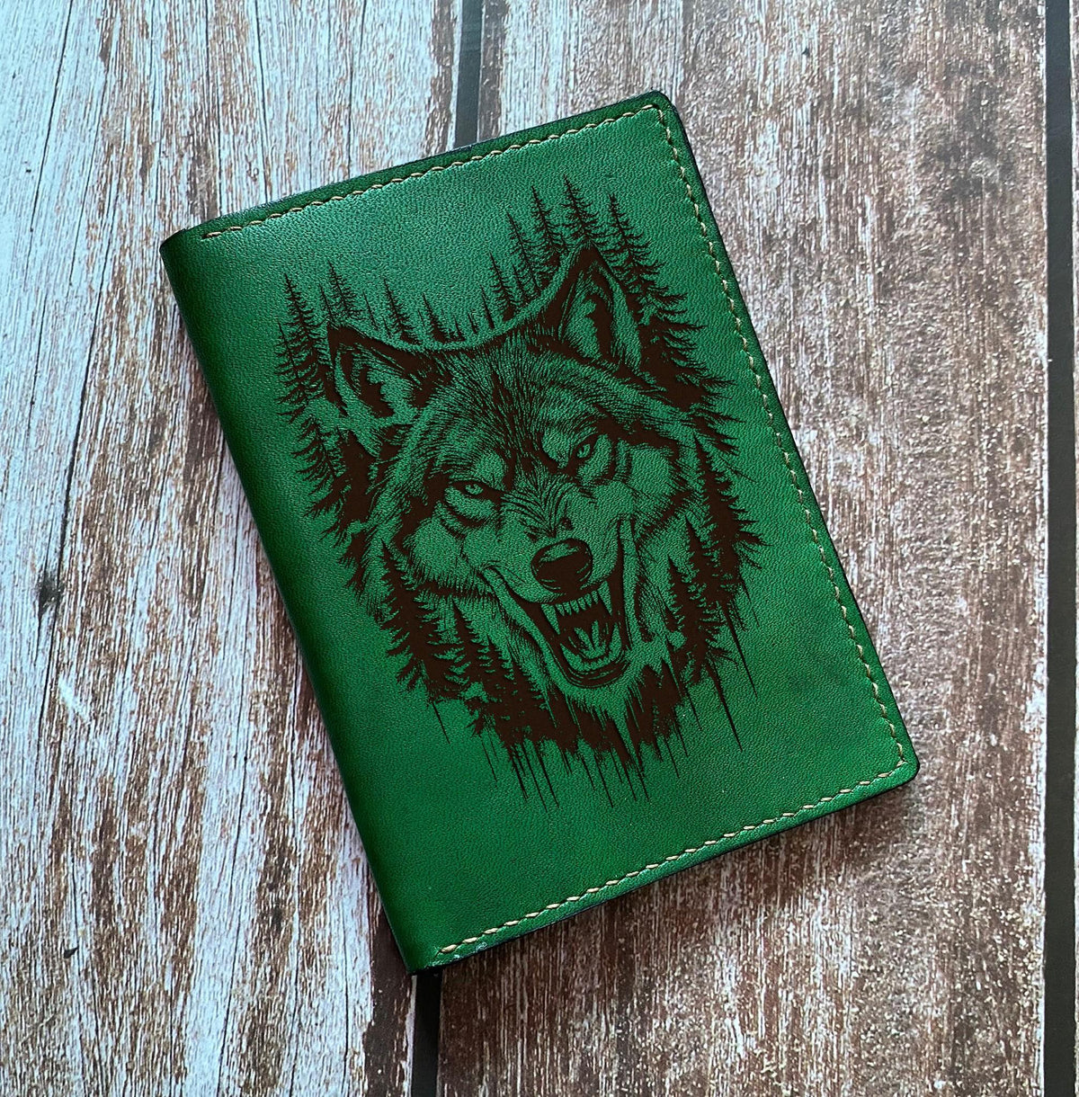 Engraved Wolf Leather Wallet, Personalized Gift for Men