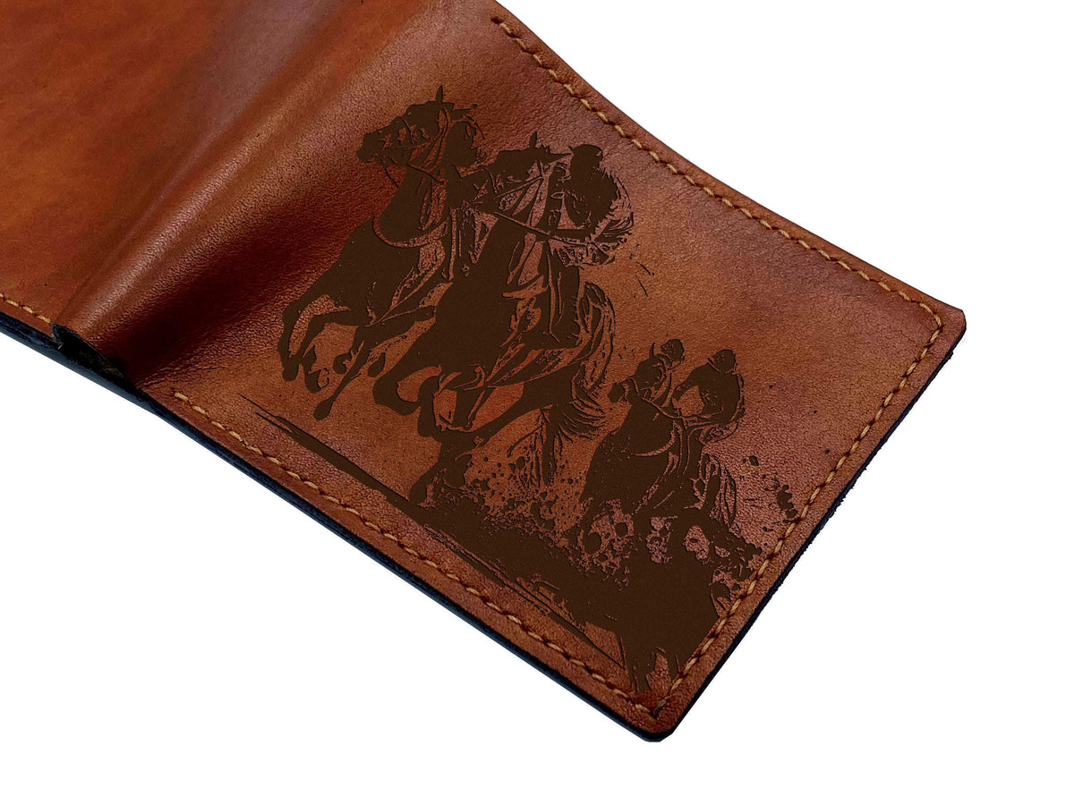 Engraved Horse Racing Leather Wallet, Personalized Gift for Him