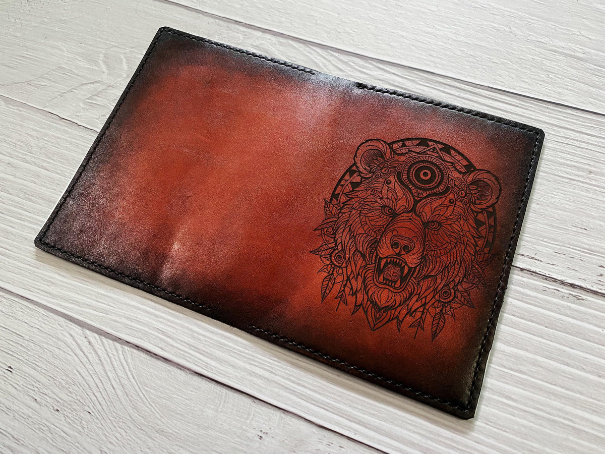 Handmade Celtic Bear Leather Passport Wallet - Custom Engraved