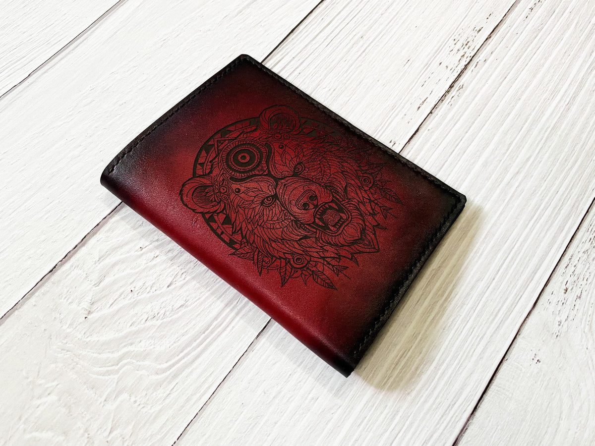 Handmade Celtic Bear Leather Passport Wallet - Custom Engraved