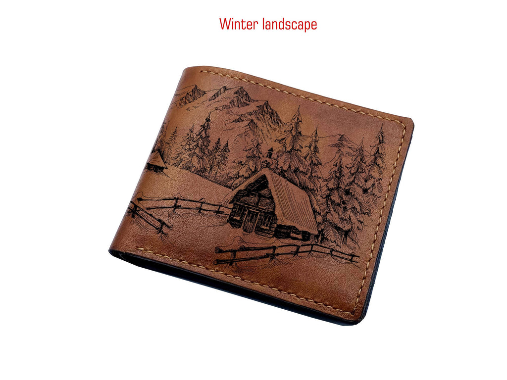 Personalized Leather Wallet, Engraved Windmill Farm Scene, Handmade