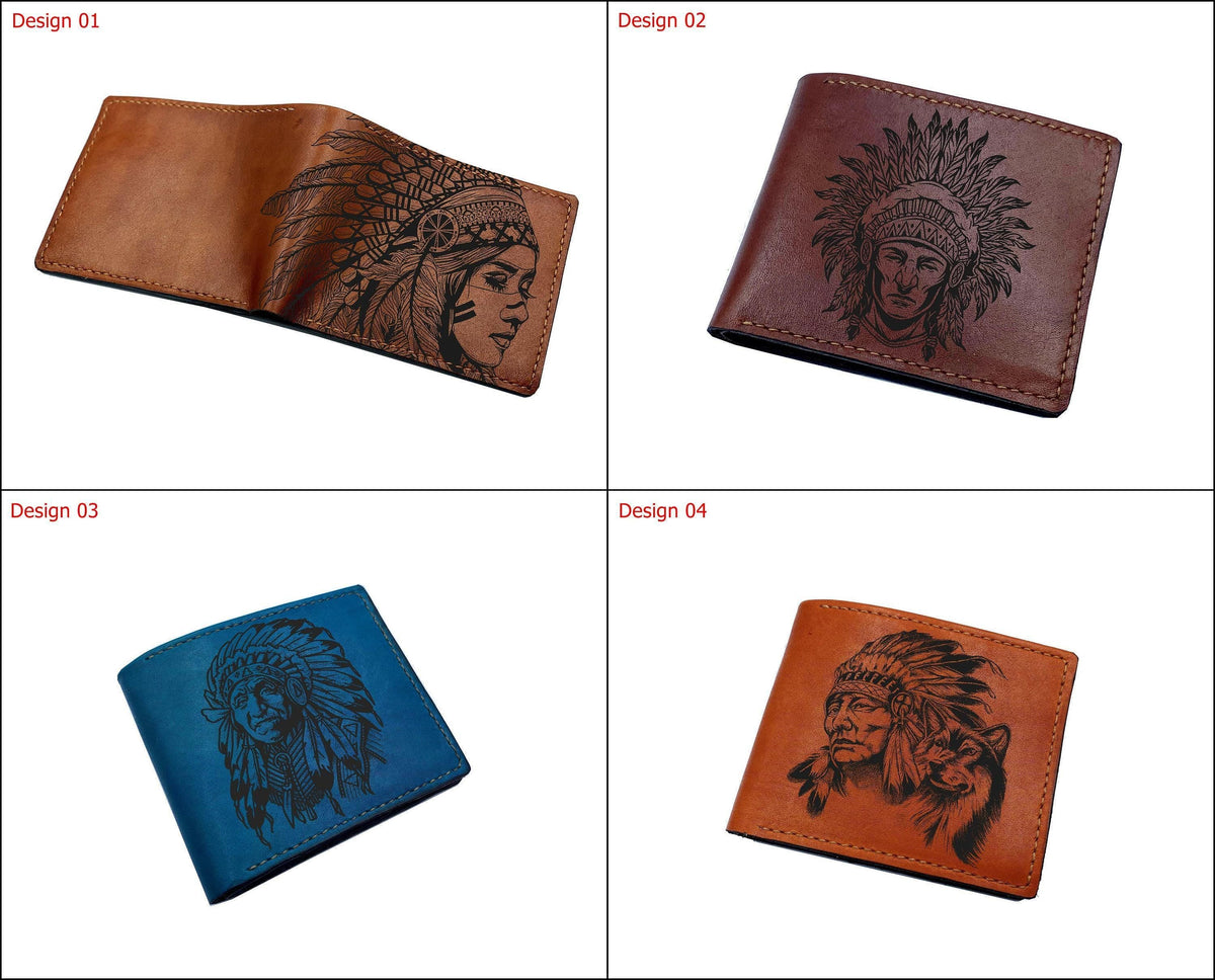 Engraved Leather Men's Wallet: Native American Indian Girl Art