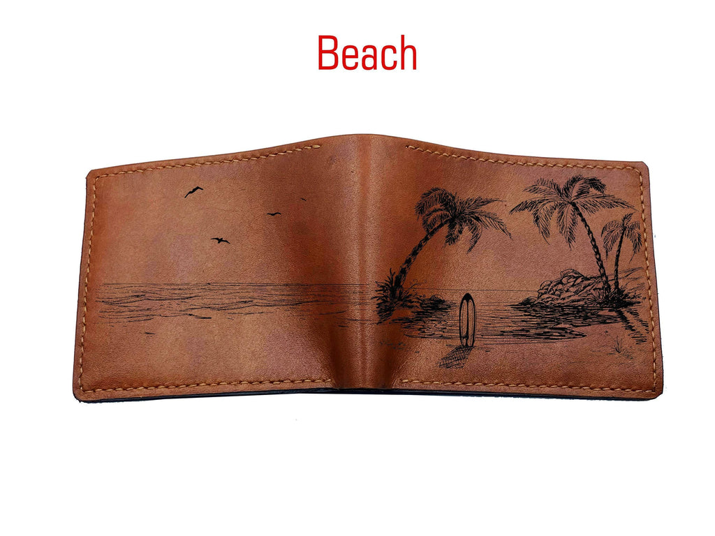 Personalized Leather Wallet, Engraved Windmill Farm Scene, Handmade