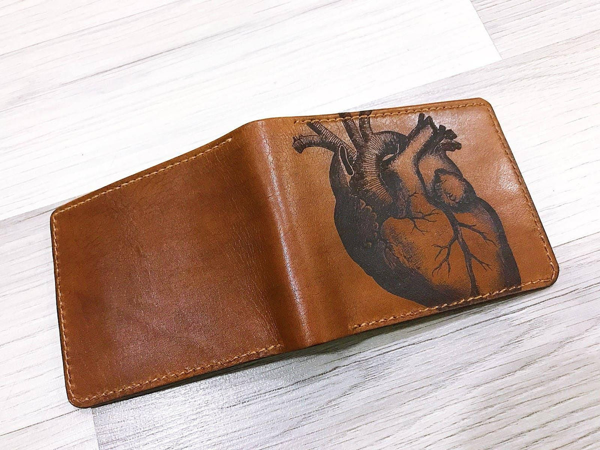 Personalized Leather Bifold Wallet, Handmade Heart Design, Gift for Men