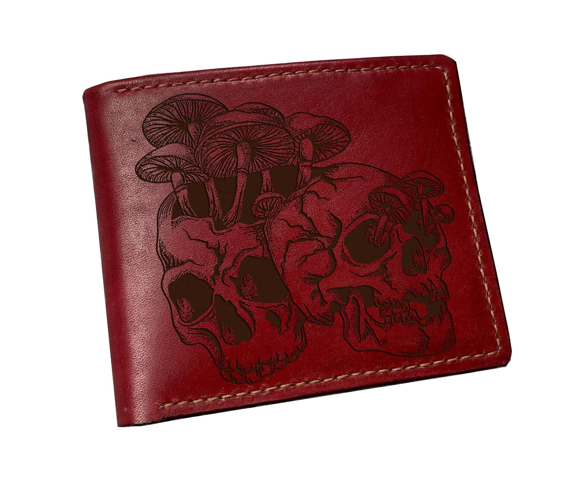 Handmade Vegetable-Tanned Leather Wallet, Skull Mushroom Engraving, Personalized Gift for Him