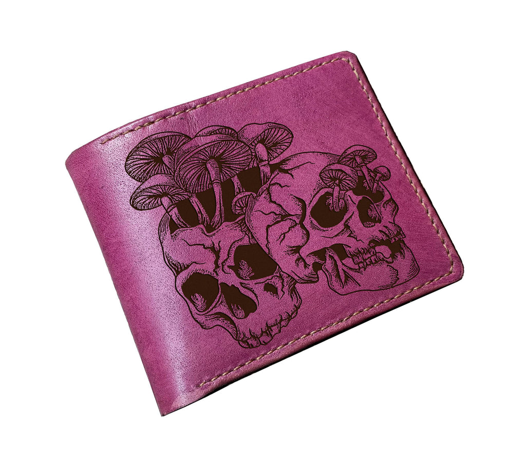 Handmade Vegetable-Tanned Leather Wallet, Skull Mushroom Engraving, Personalized Gift for Him