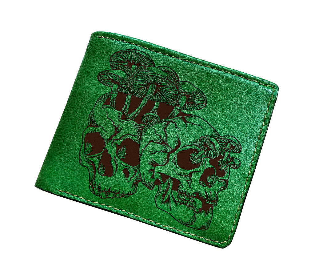 Handmade Vegetable-Tanned Leather Wallet, Skull Mushroom Engraving, Personalized Gift for Him