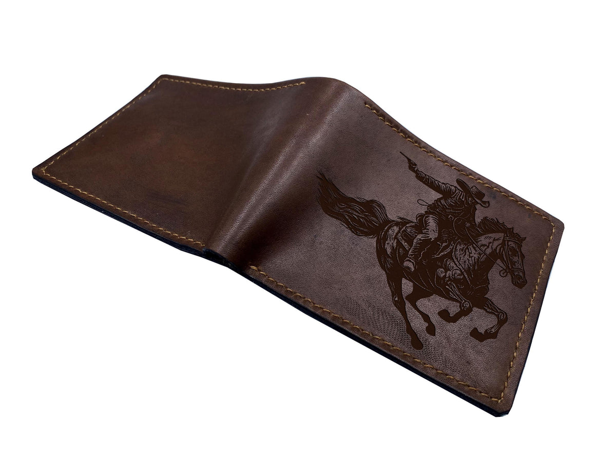 Engraved Cowboy Leather Bifold Wallet, Wild West Gift