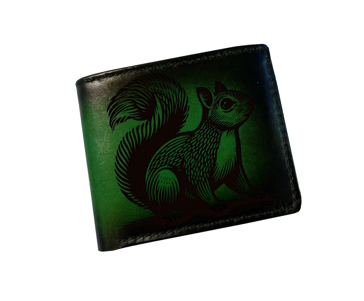 Personalized Squirrel Leather Wallet, Handmade Cowhide, Engraved Gift for Men