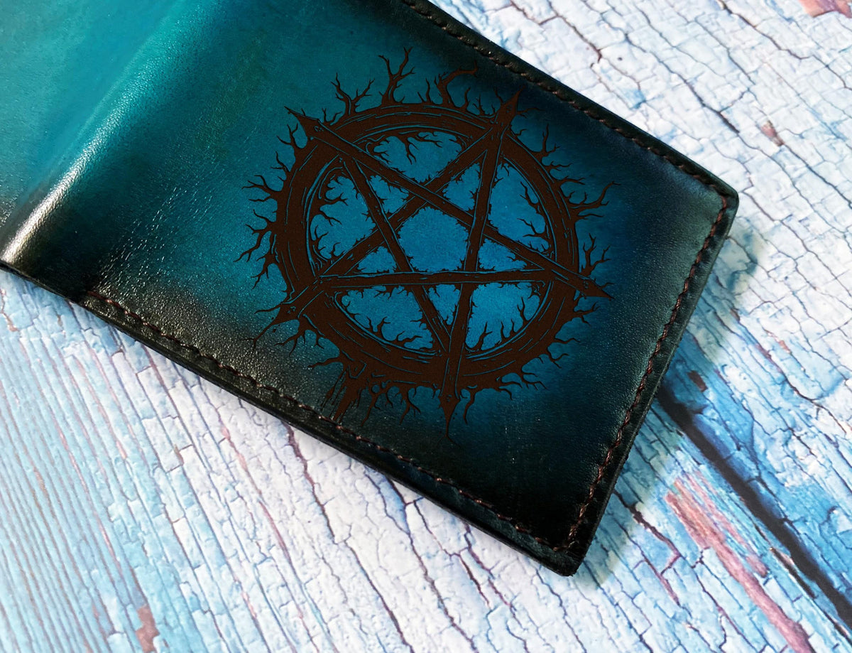 Pentagram Star Leather Bifold Wallet, Handmade Cowhide
