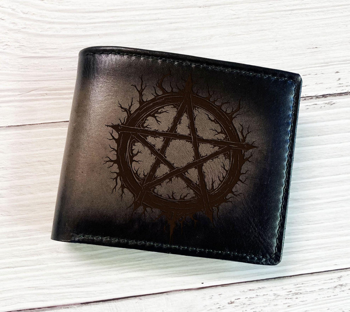 Pentagram Star Leather Bifold Wallet, Handmade Cowhide