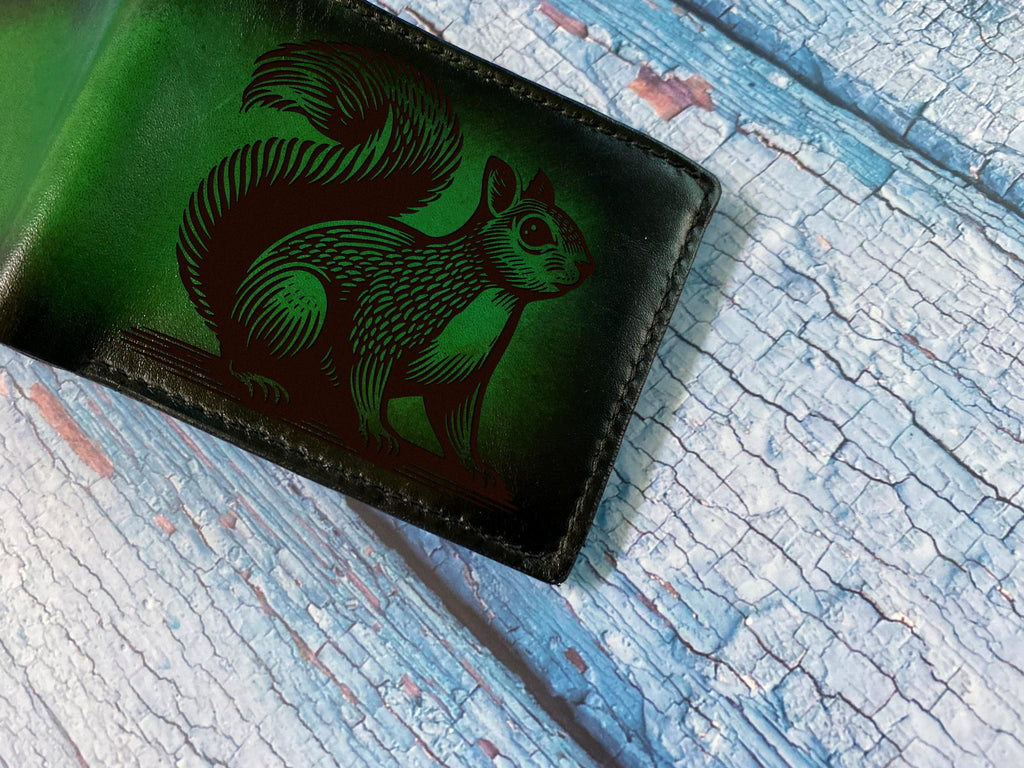 Personalized Squirrel Leather Wallet, Handmade Cowhide, Engraved Gift for Men