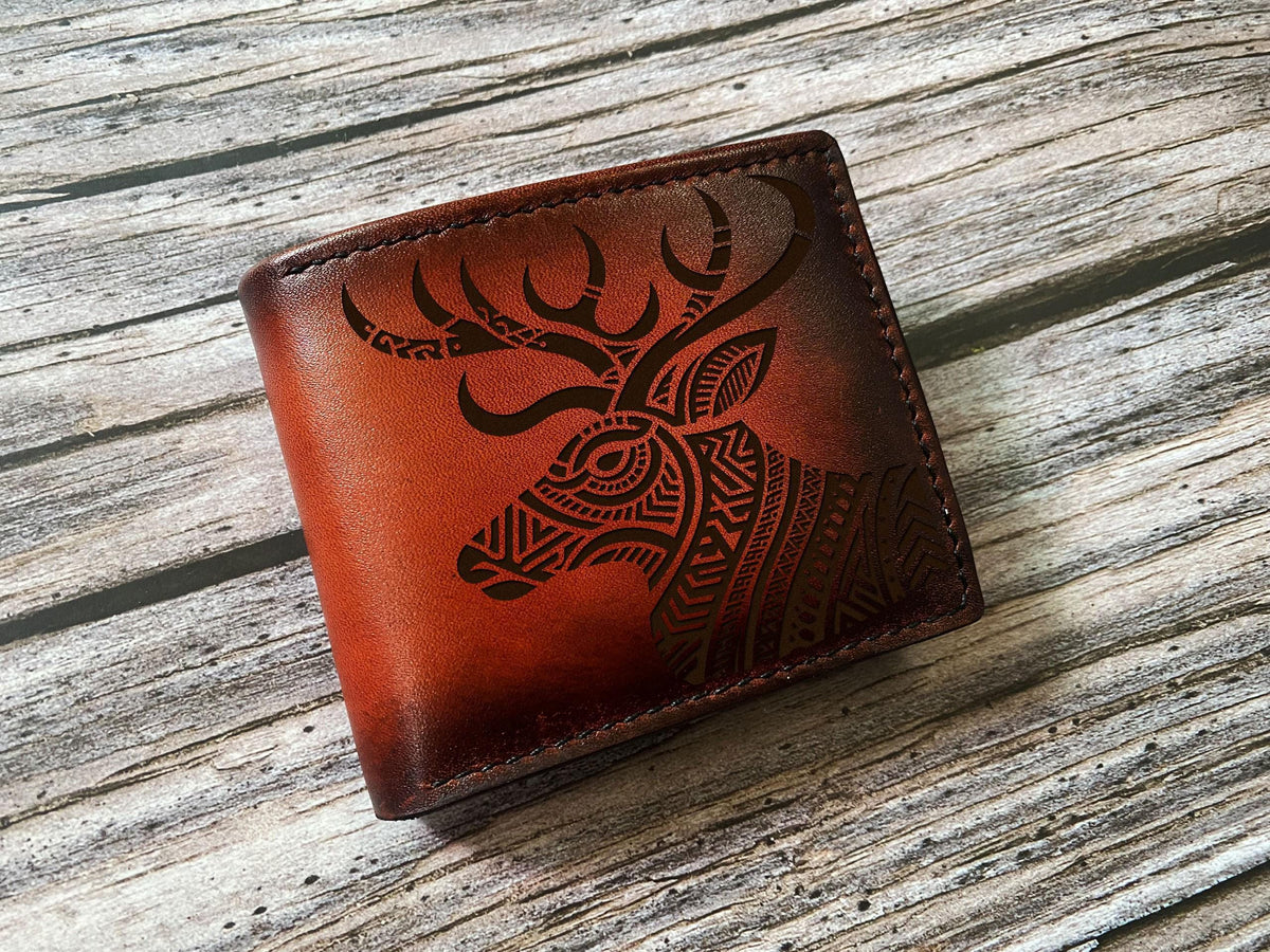 Handmade Leather Bifold Wallet, Polynesia Deer Design