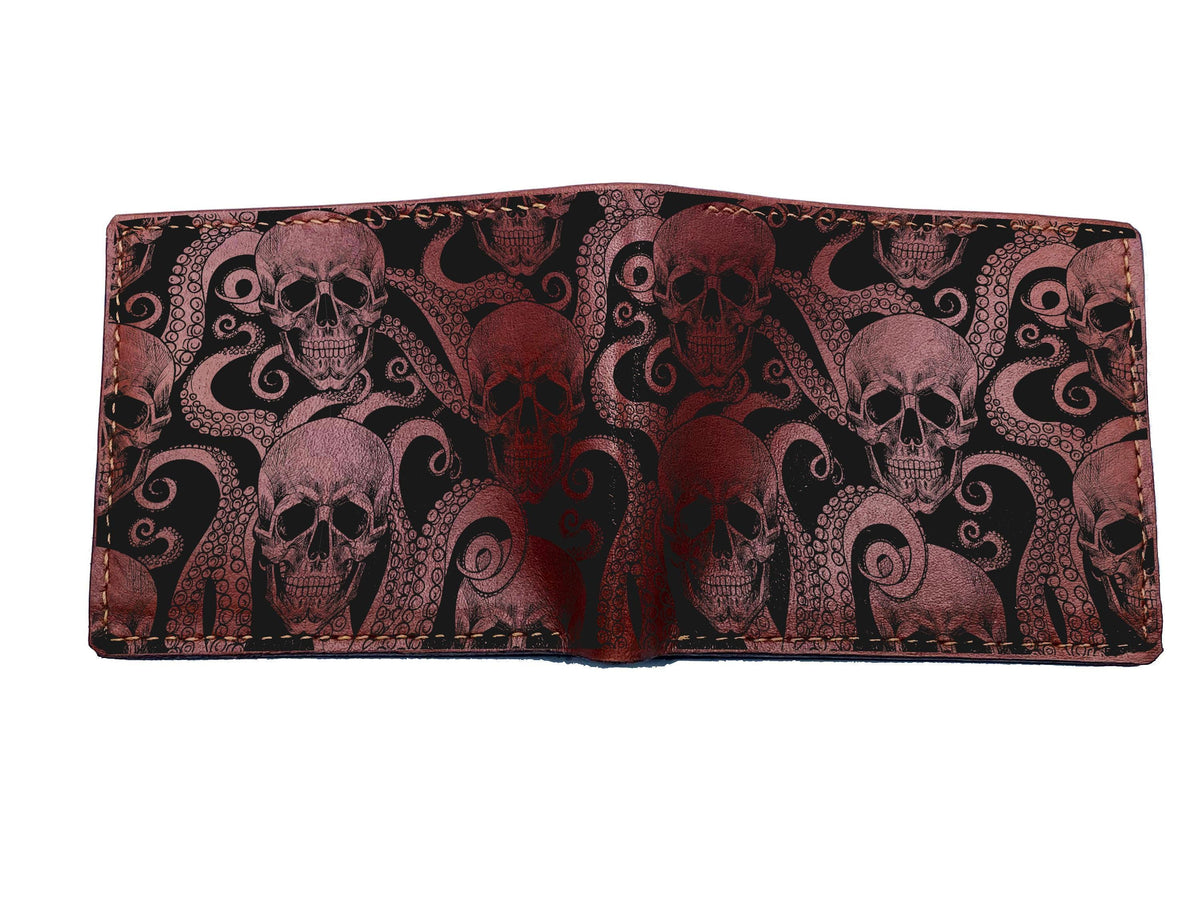 Personalized Skull Flower Leather Wallet, Handmade Horror Style