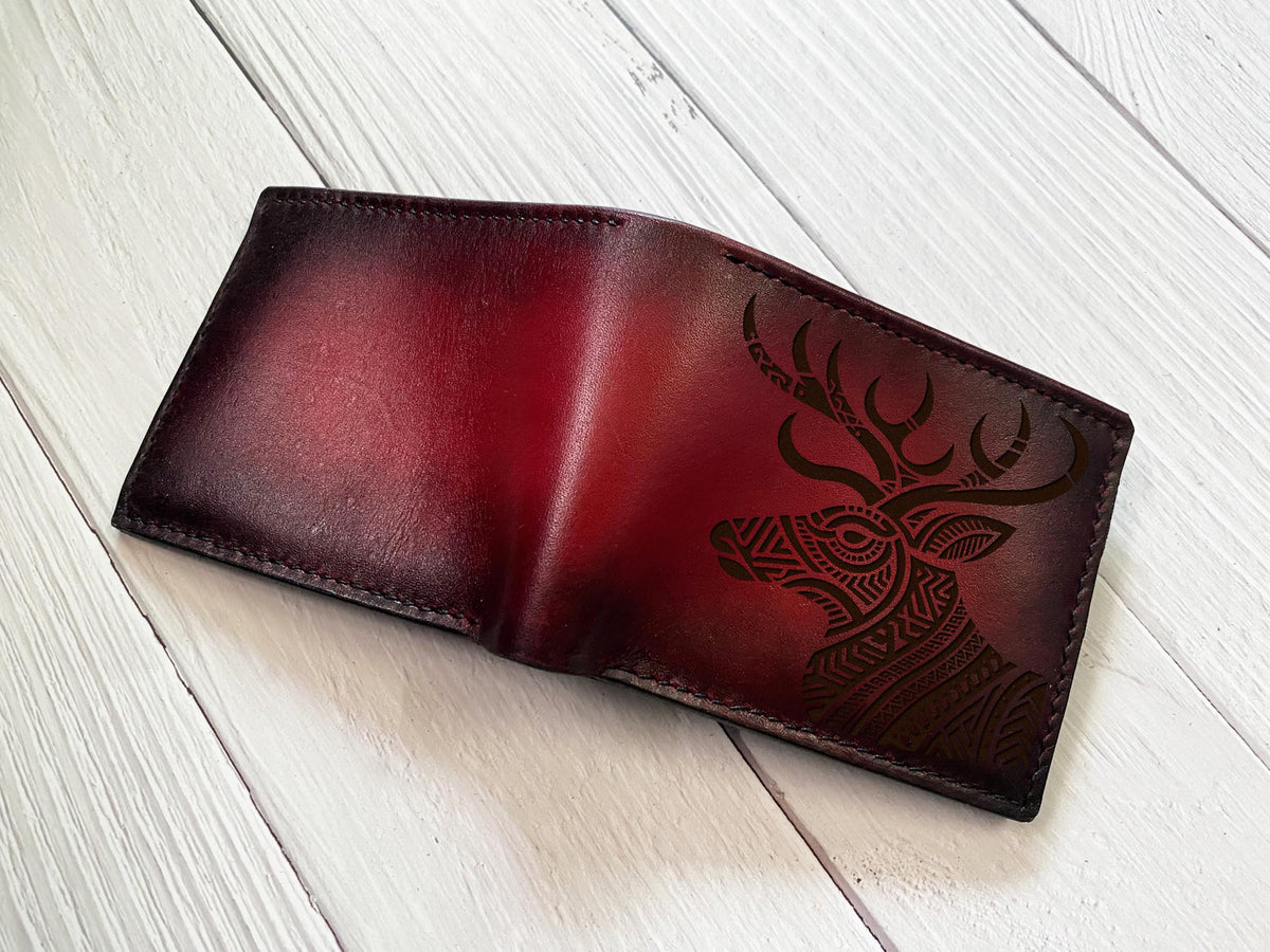 Handmade Leather Bifold Wallet, Polynesia Deer Design