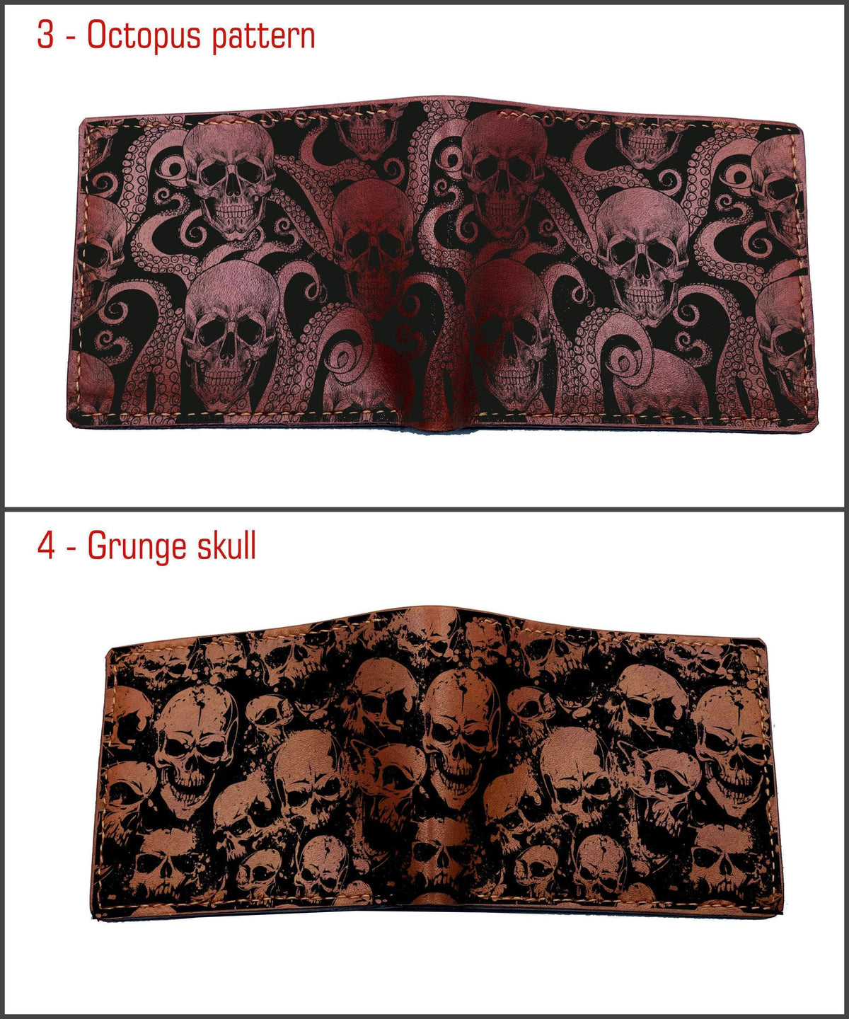 Personalized Skull Flower Leather Wallet, Handmade Horror Style