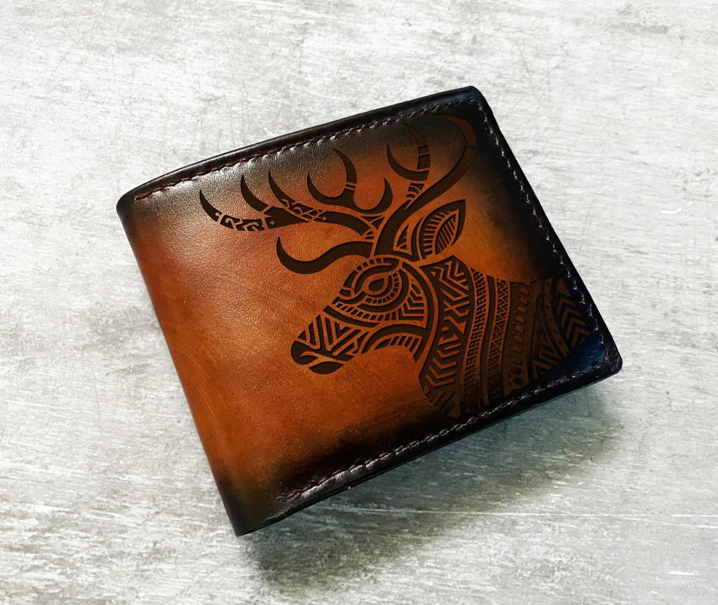 Handmade Leather Bifold Wallet, Polynesia Deer Design