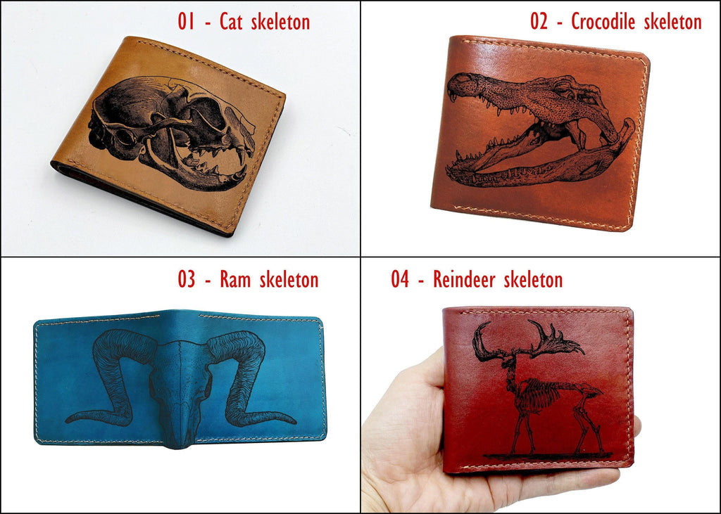 Engraved Ram Skull Leather Wallet: Personalized Animal Skeleton Gift