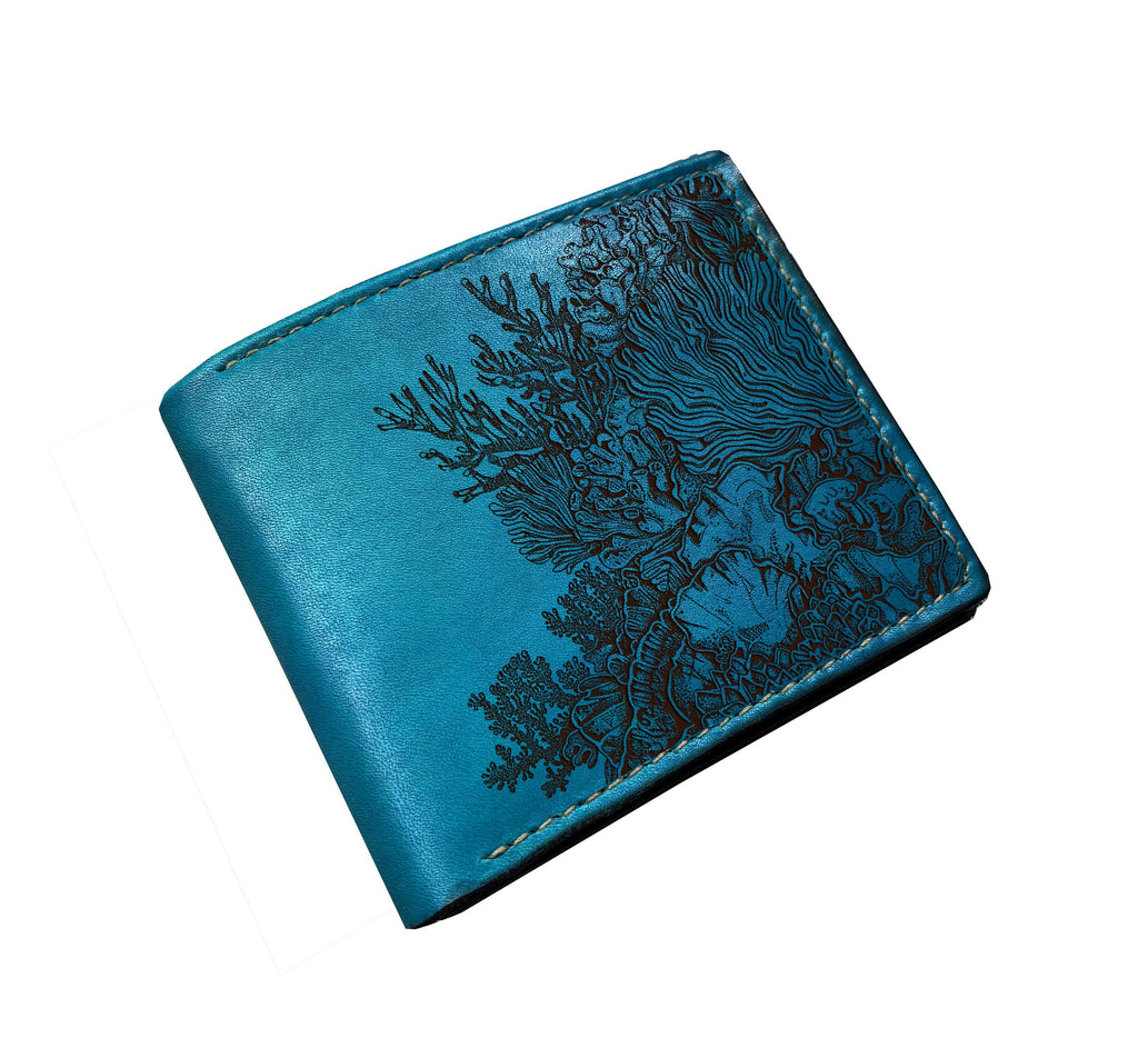 Coral Engraved Leather Wallet, Genuine Handmade Ocean Gift for Him
