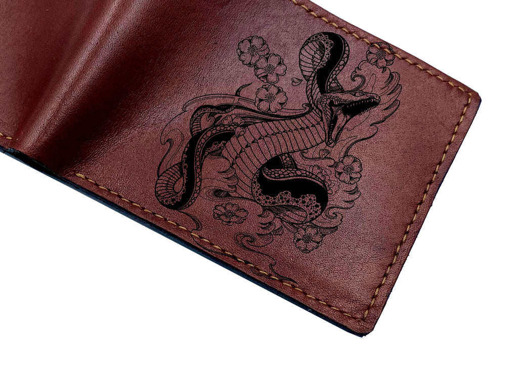 Personalized Leather Wallet, Snake Flower Design, Handmade