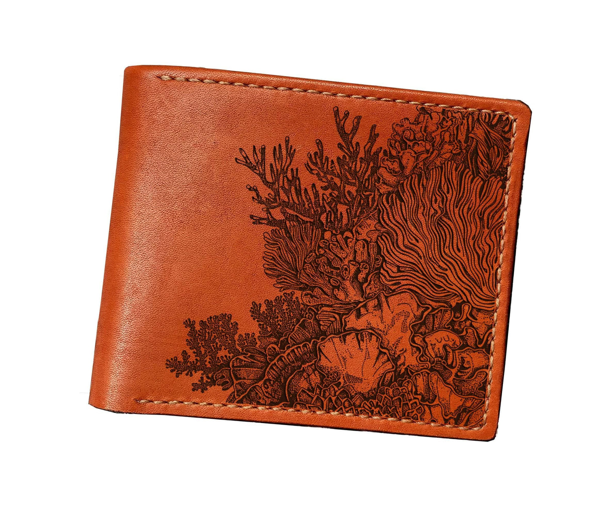 Coral Engraved Leather Wallet, Genuine Handmade Ocean Gift for Him