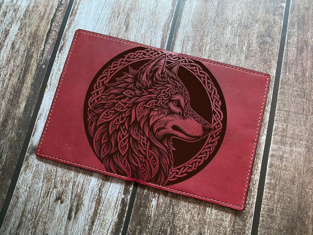 Engraved Celtic Wolf Leather Passport Wallet - Personalized Viking Travel Case