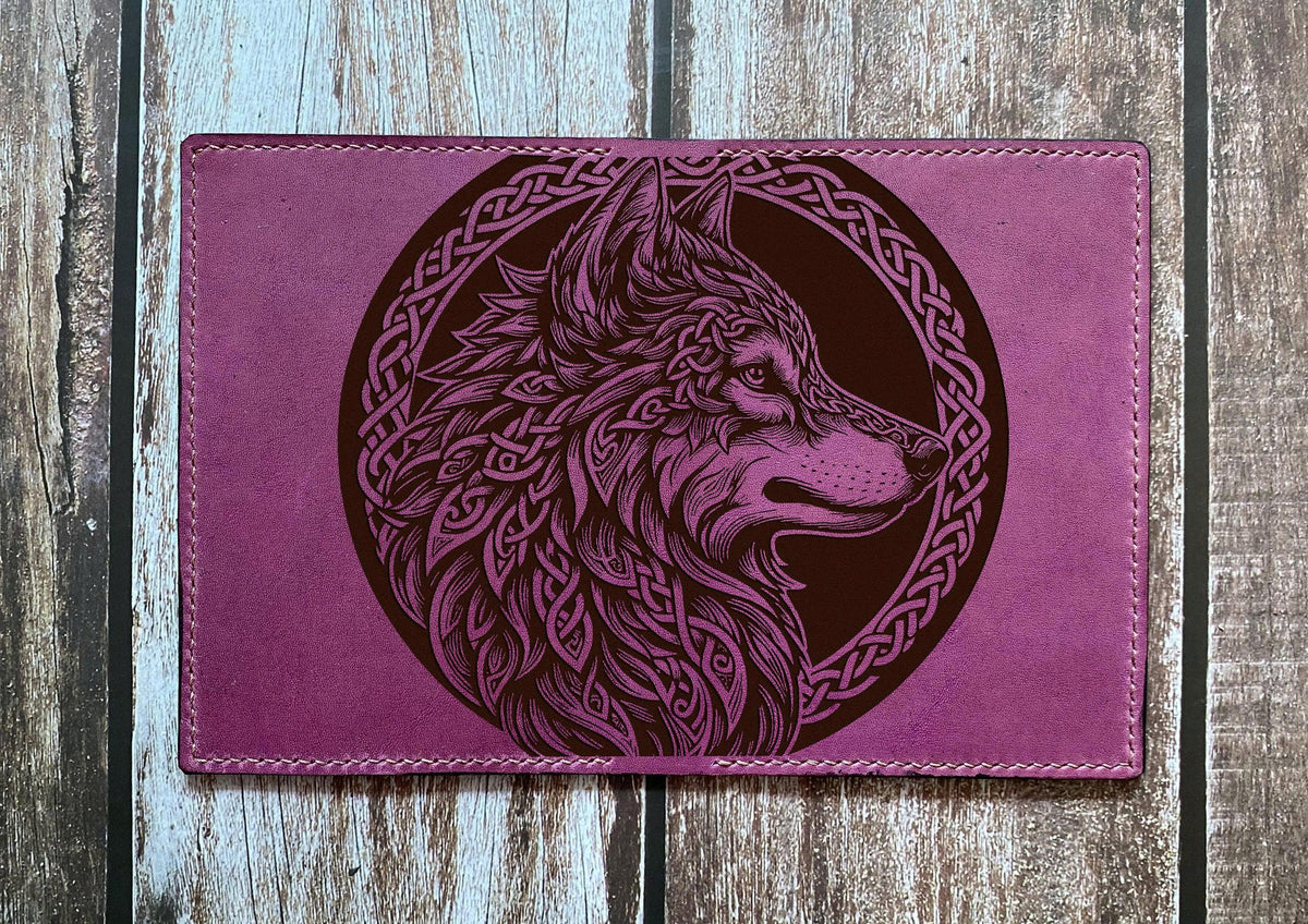 Engraved Celtic Wolf Leather Passport Wallet - Personalized Viking Travel Case