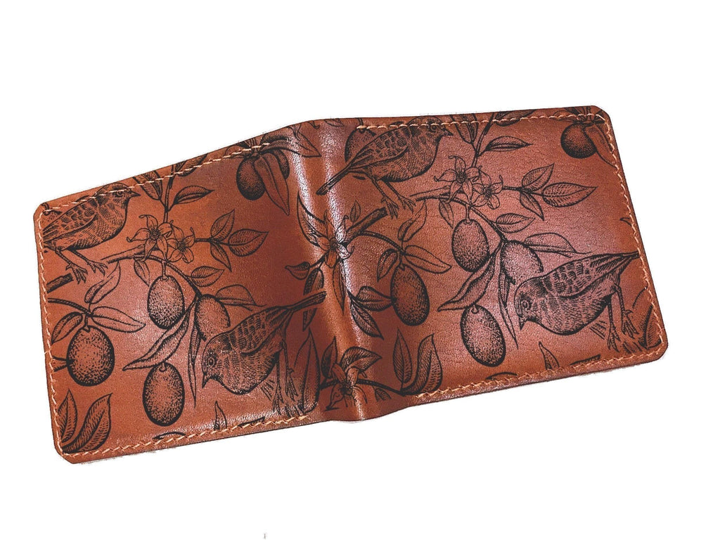 Personalized Leather Wallet: Bird & Tree Engraved, Handmade