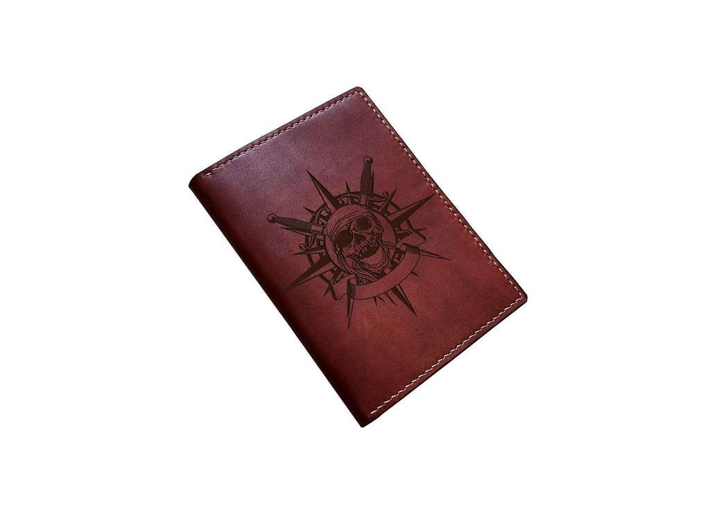 Handmade Leather Passport Wallet: Skull Compass Engraved, Personalized Travel Gift