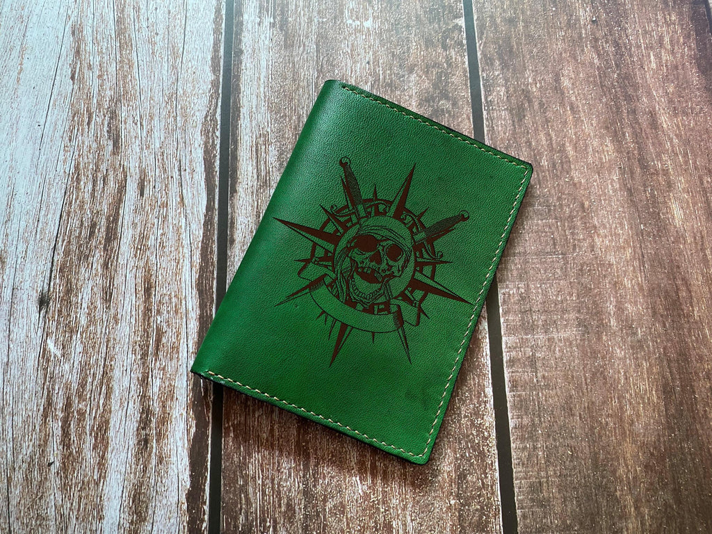 Handmade Leather Passport Wallet: Skull Compass Engraved, Personalized Travel Gift