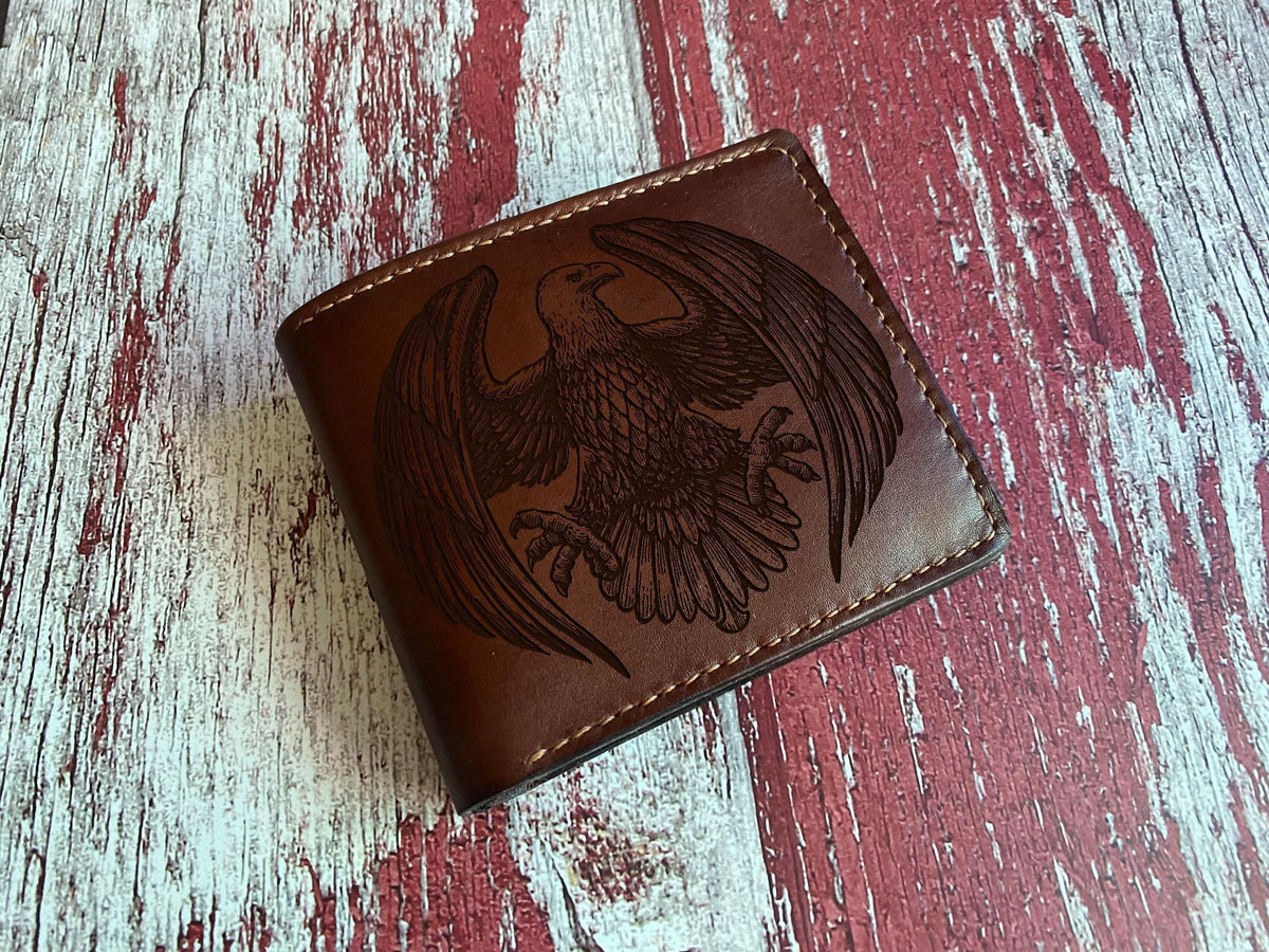 Engraved Eagle Leather Wallet, Handmade Bifold, Gift for Him