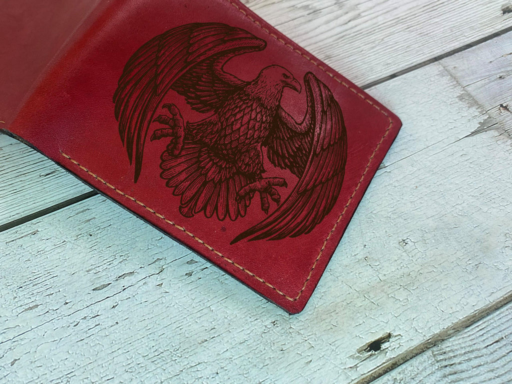 Engraved Eagle Leather Wallet, Handmade Bifold, Gift for Him