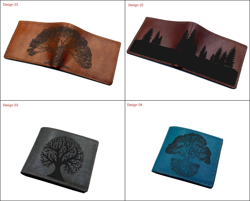 Personalized Tree Icon Leather Wallet, Handmade Cowhide, Engraved Gift for Dad