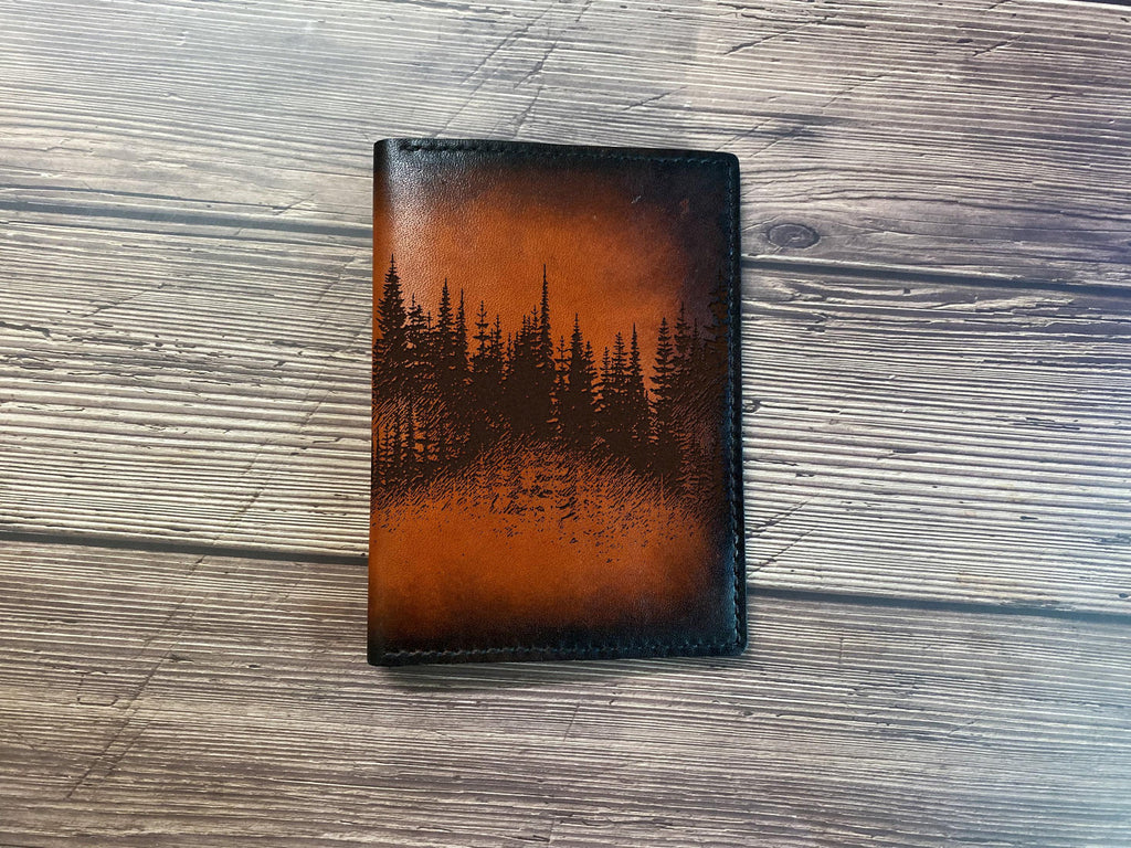 Engraved Forest Scene Leather Wallet: Personalized Travel Landscape