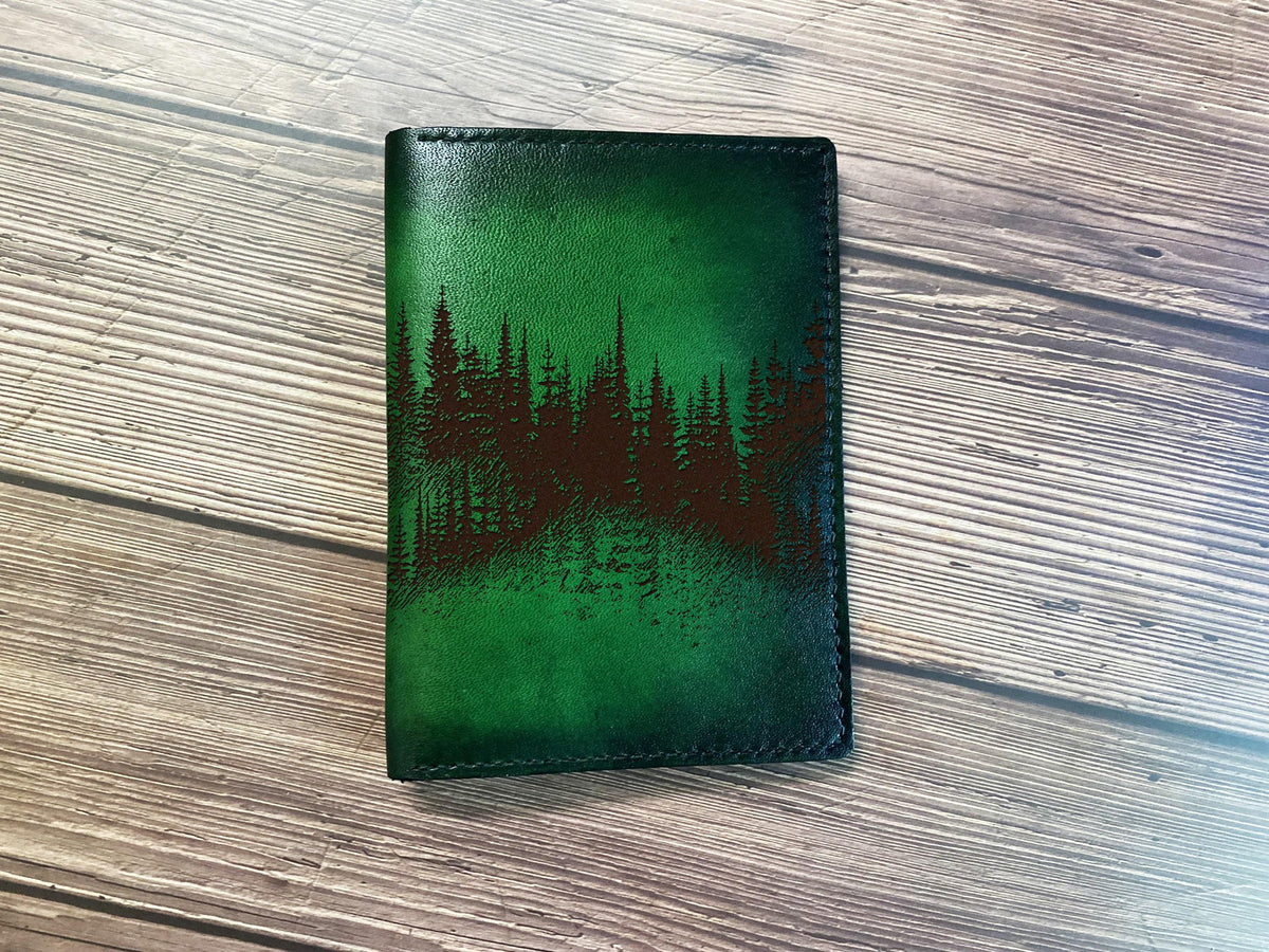 Engraved Forest Scene Leather Wallet: Personalized Travel Landscape
