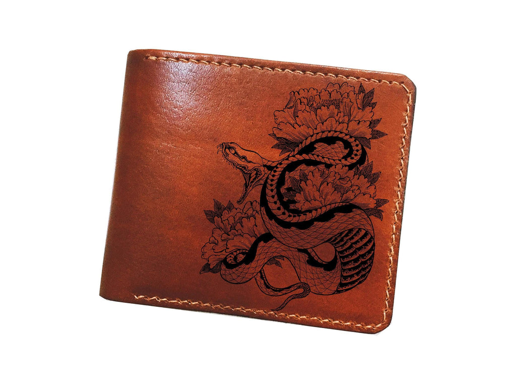 Custom Engraved Leather Wallet, Snake and Lotus Design, Personalized Gift