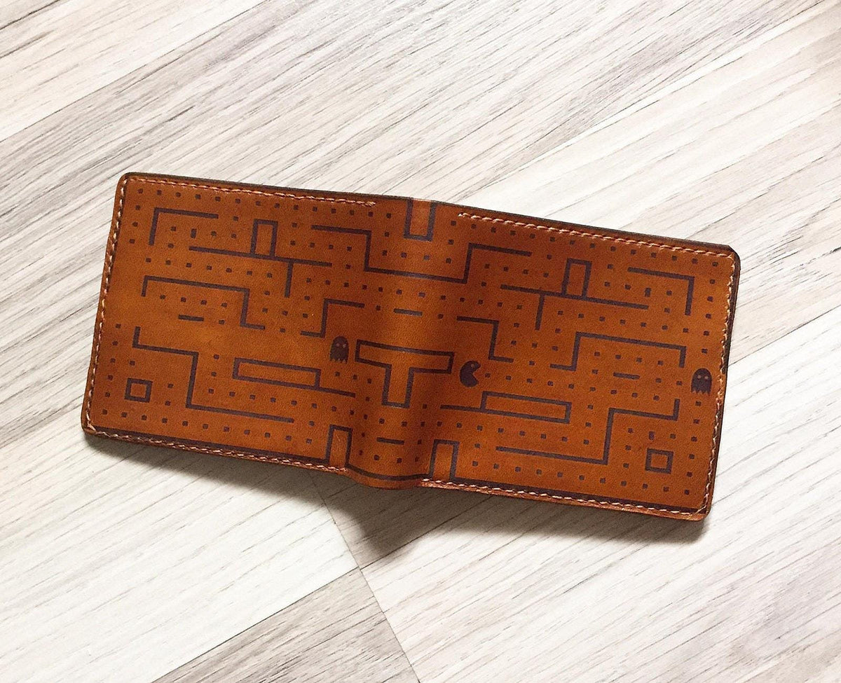 Pacman Leather Wallet: Handmade Video Game Gift, Personalized Option
