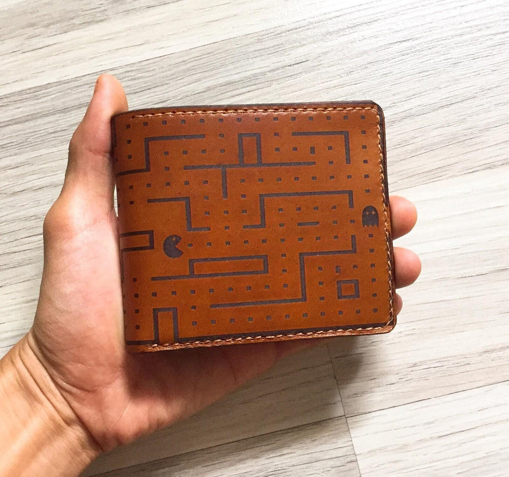 Pacman Leather Wallet: Handmade Video Game Gift, Personalized Option