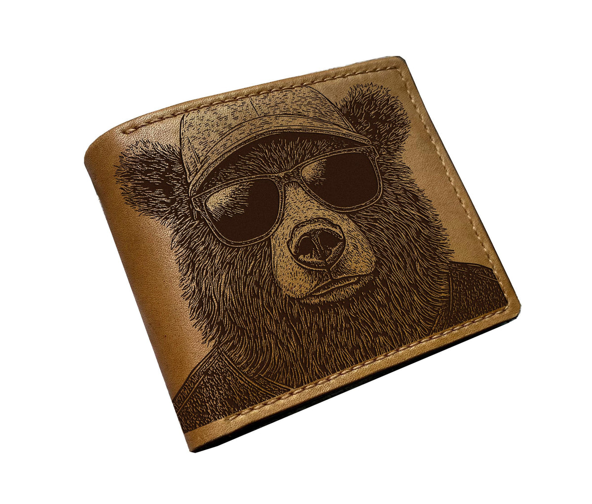 Handmade Leather Bifold Wallet, Bear Sketch, Personalized Gift