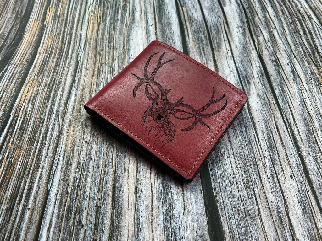 Personalized Leather Wallet, Deer Forest Engraving, Men's Gift, Handmade Cowhide