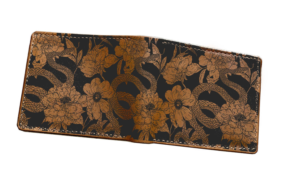 Engraved Leather Men's Wallet: Deer, Wolf, Forest Pattern