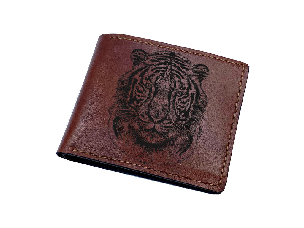 Custom Leather Wallet: Handmade Tiger Art, Genuine Leather Gift