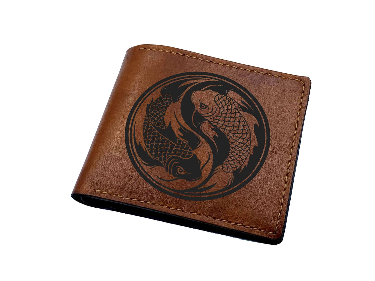 Custom Leather Wallet: Yin Yang Koi Fish Engraved, Handmade