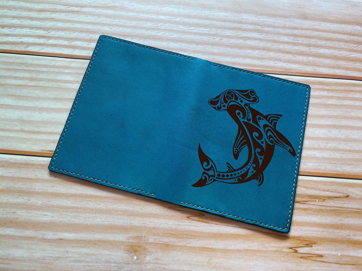 Hammerhead Shark Leather Wallet, Polynesian Tattoo, Handmade